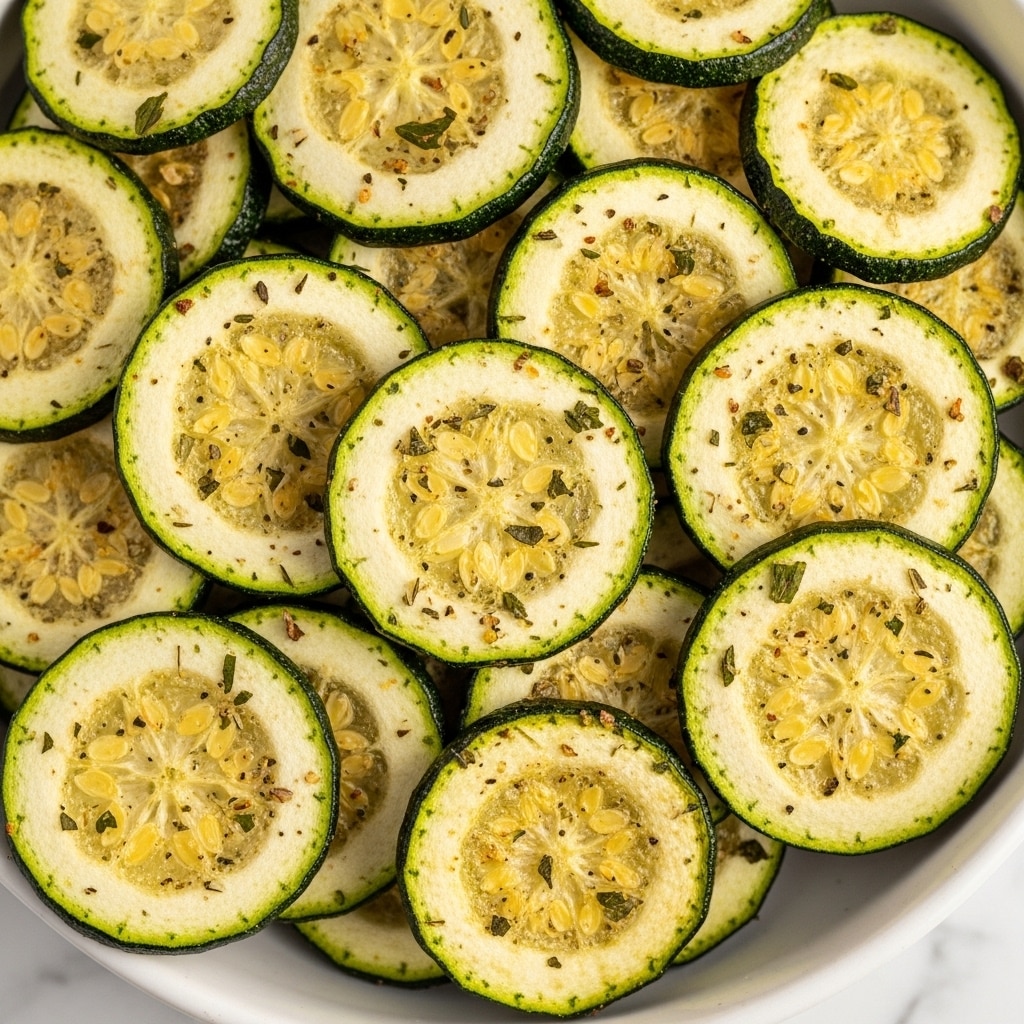 A close-up image of thinly sliced zucchini chips arranged in a shallow white bowl with a white marbled texture background; the chips are lightly browned with a crispy texture, each slice has a green outer edge and a pale yellow center, speckled with green herbs and small bits of seasoning, the chips are piled loosely with some overlapping and showing slight oil glisten. photo taken with an iphone --ar 4:5 --v 7