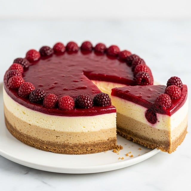 A round cheesecake sits on a white plate placed on a white marbled surface, with a single slice cut and slightly pulled out from the full cake. The cheesecake has three visible layers: a thin brown crumb crust at the bottom, a thick creamy pale yellow layer of cheesecake in the middle, and a glossy deep red berry topping with whole mixed berries spread evenly across the surface. The red topping looks shiny and slightly translucent, contrasting with the smooth, dense texture of the cheesecake below. There are some crumbs scattered near the removed slice on the plate. Photo taken with an iphone --ar 4:5 --v 7