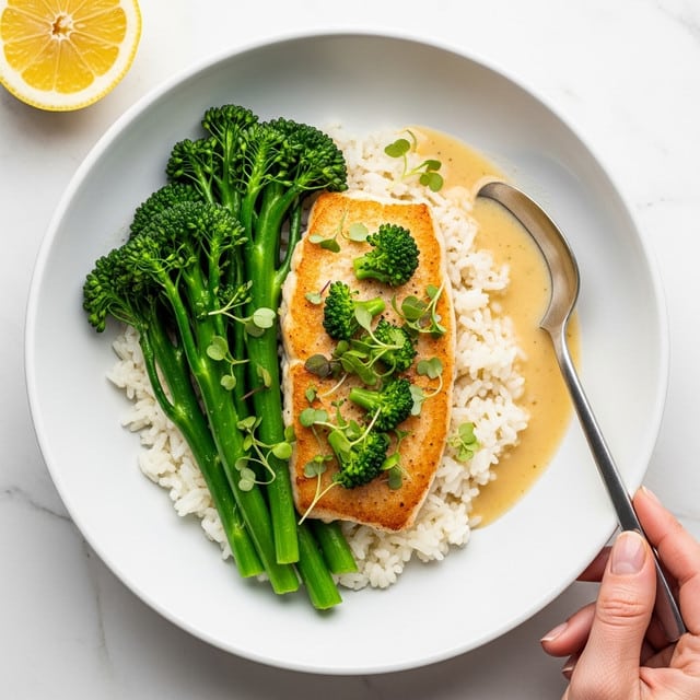 A white bowl holds a meal with three main layers: at the bottom is a bed of white rice, fluffy and soft; on top of the rice is a portion of bright green cooked broccoli stems and florets, slightly shiny and tender; the top layer is a thick piece of lightly browned, cooked white fish fillet garnished with small green herb pieces and a few broccoli florets, all sitting in a light, creamy sauce pooling gently around the food. The bowl is set on a white marbled surface with a slice of lemon visible on the side, and a fork and spoon laying nearby. Photo taken with an iphone --ar 4:5 --v 7