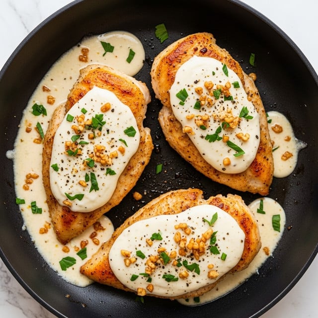 Three pieces of golden brown cooked chicken breast sit close together in a skillet filled with creamy white sauce. Each chicken piece is topped with a smooth layer of melted white cheese, sprinkled with small bits of chopped green herbs. The chicken texture is crispy with browned spots, contrasting with the soft, glossy sauce and cheese. The skillet rests on a white marbled surface. photo taken with an iphone --ar 4:5 --v 7