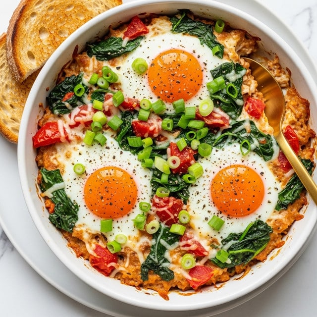A white dish filled with baked eggs layered on a mix of cooked spinach, chopped tomatoes, and melted cheese, topped with bright green chopped scallions and cracked black pepper. The eggs have a glossy white layer with a bright, soft orange yolk in the center. Pieces of wilted leafy spinach and red tomato are visible under and around the eggs, blending with a thick, creamy base of melted cheese and cooked vegetables in light brown and orange hues. A gold spoon rests inside the dish on the right side. The dish is placed on a white plate with two pieces of toasted bread on the side, all set on a white marbled surface. photo taken with an iphone --ar 4:5 --v 7