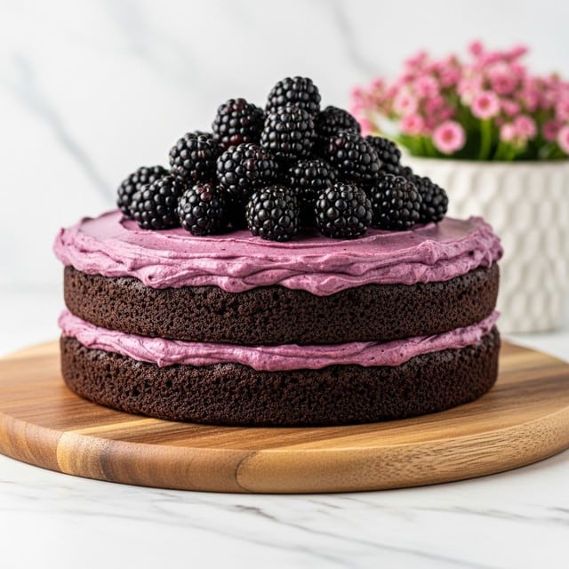 A two-layer round chocolate cake sits on a wooden board against a white marbled surface. The bottom layer is dark chocolate with a rough texture, and the top layer is smooth, dark purple chocolate frosting. On top of the cake, there is a neat pile of fresh blackberries, adding a natural shiny black and purple color contrast. In the background, there is a small pot of pink flowers, giving a soft, colorful touch to the scene. Photo taken with an iphone --ar 4:5 --v 7