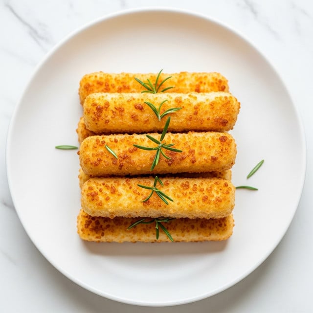 The image shows a white plate with six golden-brown cheese sticks neatly stacked in two layers. Each cheese stick is crispy on the outside with a bubbly, slightly oily texture. On top of the cheese sticks, there are small sprigs of fresh green rosemary as garnish. The plate is placed on a white marbled surface, giving a clean and elegant look. photo taken with an iphone --ar 4:5 --v 7