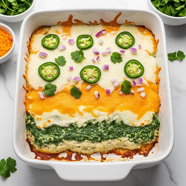 A white rectangular baking dish contains a layered casserole with four visible layers: the bottom layer is a green spinach or herb mixture, the next layer is creamy and pale, possibly cheese or sauce, the third layer is melted orange cheese, and the top layer is melted white cheese that covers the entire dish. On top, there are green jalapeño slices, small chopped red onion pieces, and scattered chopped cilantro. The dish has some browned edges where the cheese has melted and baked. The background is a white marbled surface with some bowls of cheese and chopped cilantro visible around the baking dish. photo taken with an iphone --ar 4:5 --v 7