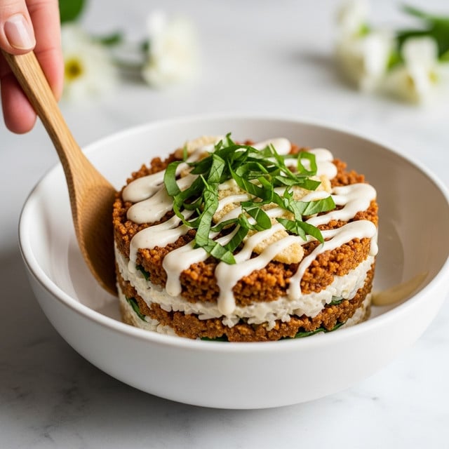 The image shows a close-up of a white bowl filled with a layered dish. The bottom layer is made of small, rough, brown pieces, topped with a mix of white sauce drizzled unevenly across the dish. Green herb leaves are scattered generously on top, adding a fresh look. There is a wooden spoon placed inside the bowl, with a woman's hand holding it from the left side. The bowl sits on a white marbled textured surface, with some blurred white flowers in the background. Photo taken with an iphone --ar 4:5 --v 7