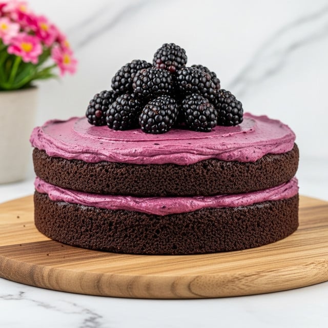 The image shows a round chocolate cake with two visible layers on a round wooden board. The bottom layer looks dark and moist, while the top layer is thick and smooth purple frosting. On top of the frosting, there is a pile of fresh blackberries arranged in the center. The cake is placed on a white marbled surface with a purple flower pot and a dark object blurred in the background. Photo taken with an iphone --ar 4:5 --v 7