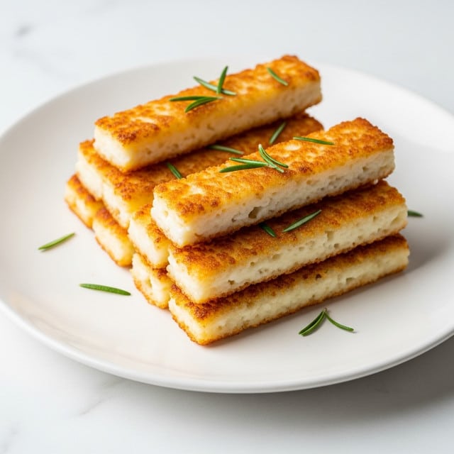 The image shows a white plate on a white marbled surface holding six fried cheese sticks arranged in two rows. Each cheese stick is golden brown and crispy on the outside with a light bubbly texture from the frying, and they are garnished with small green sprigs of fresh herbs placed on top. The background is softly blurred, focusing attention on the crispy, slightly oily cheese sticks. photo taken with an iphone --ar 4:5 --v 7