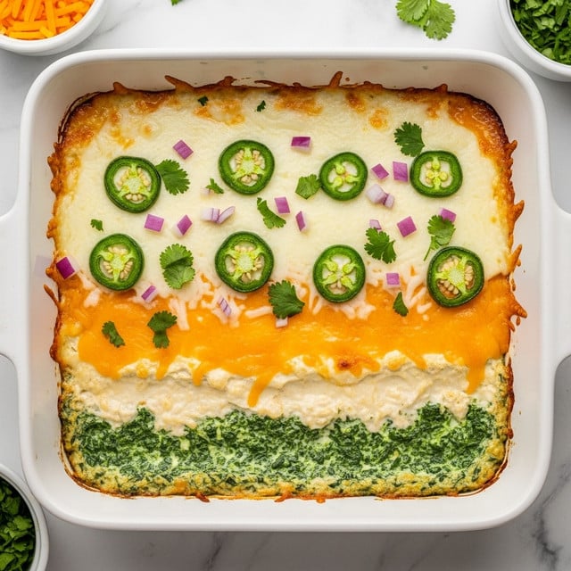 A white baking dish holds a baked casserole with about three visible layers: the bottom layer is creamy with a green herb mix, the middle layer is thick and soft with melted cheese in yellow and white shades covering the top, and the top is decorated with chopped fresh green cilantro, diced purple onions, and several round slices of fresh green jalapeño peppers. The edges of the dish show slight browning and bubbling from baking. The setting is a white marbled surface with small bowls of extra cheese and chopped herbs nearby. photo taken with an iphone --ar 4:5 --v 7