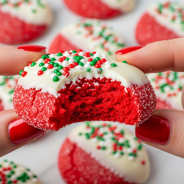 A close-up image of a red cookie with a soft, slightly crumbly texture being held by a woman's hand with bright red nail polish. The cookie is coated unevenly with sugar crystals on one side, and the other half is dipped in smooth white icing. Along the edge of the icing, there are tiny round sprinkles in red, white, and green colors. In the blurred background, there are more cookies with the same red color and white icing on a white marbled surface. photo taken with an iphone --ar 4:5 --v 7