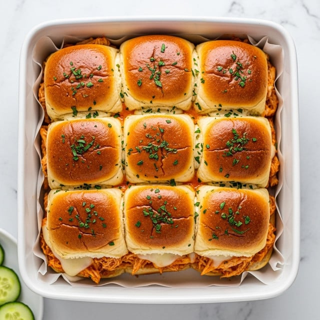 A white rectangular baking dish holds nine connected golden-brown dinner rolls, each topped with finely chopped green herbs and a shiny glaze. The rolls are fluffy and round with a soft texture visible where one is pulled apart, revealing a savory filling inside. Small bits of seasoning are sprinkled on top and around the edges of the dish, sitting on a white marbled surface. A few slices of cucumber are placed near the corner of the dish. Photo taken with an iphone --ar 4:5 --v 7