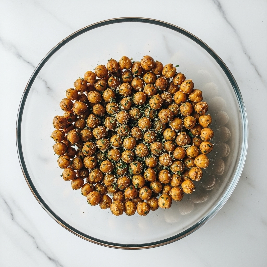 A clear glass bowl filled with one layer of small, round roasted chickpeas that are golden brown and coated evenly with green herb flakes and a fine white powdery seasoning, creating a textured surface. The bowl is placed on a white marbled background, showing the chickpeas piled high and tightly packed inside. photo taken with an iphone --ar 4:5 --v 7