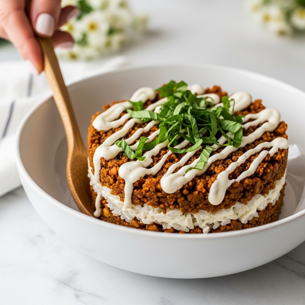 The image shows a white bowl filled with a creamy mixed salad. The base layer is made of light-colored grains or rice, topped with chopped green herbs and small pieces of orange carrots. There is a drizzle of white sauce spread across the top, adding a smooth texture. A wooden spoon is placed inside the bowl on the left side. The bowl is set on a white marble surface with some small white flowers visible in the background. Photo taken with an iphone --ar 4:5 --v 7