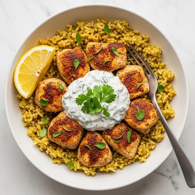 The image shows a bowl with three main layers. The bottom layer is a bed of yellow rice with a soft, fluffy texture filling the bowl. On top of the rice, there are several pieces of golden brown, grilled chicken with a slightly charred surface and bits of green herbs sprinkled over them. Next to the chicken is a dollop of white sauce mixed with small green herb pieces, giving it a creamy and fresh look. A wedge of yellow lemon is placed on the side of the bowl, adding a bright, fresh touch. The bowl itself is white with light speckles, and the background is a white marbled texture. Photo taken with an iphone --ar 4:5 --v 7