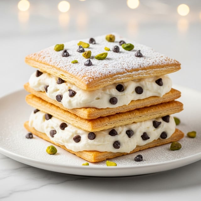 Two square layers of golden brown pastry filled with thick white cream mixed with small dark chocolate chips, stacked neatly on a white plate. The top layer is dusted with white powdered sugar and decorated with scattered green pistachio pieces and more dark chocolate chips. The edges of the pastry are crisp and slightly flaky, with a soft cream center peeking through. The plate sits on a white marbled surface with soft golden light bokeh in the blurred background. photo taken with an iphone --ar 4:5 --v 7