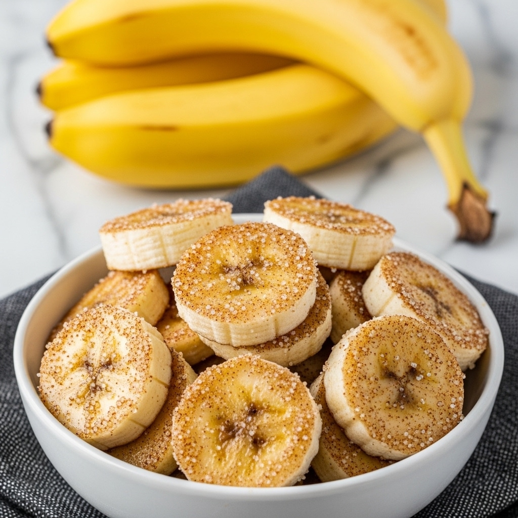 A close-up view of a bowl filled with several layers of banana slices, each slice lightly coated with a mix of cinnamon and sugar giving a grainy texture that sparkles. The round banana slices show a pale yellow center with a soft texture, and some have a slightly caramelized brown tint from the cinnamon sugar. Behind the bowl, whole bananas with bright yellow skin are seen resting on a white marbled surface. The bowl is white and placed on a dark textured cloth. photo taken with an iphone --ar 4:5 --v 7