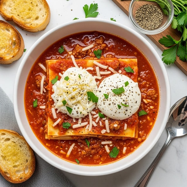 A white bowl filled with a rich red tomato sauce with visible ground meat and soft pasta sheets layered inside. On top, two dollops of white, creamy cheese stand out, one shredded and one smooth, sprinkled with black pepper and small green parsley leaves. The sauce shows a slightly oily texture with scattered grated cheese and fresh herbs. Around the bowl on a white marbled surface, there are pieces of toasted bread with a golden crust, a small clear bowl of black pepper, and fresh green parsley on a wooden board. Photo taken with an iphone --ar 4:5 --v 7
