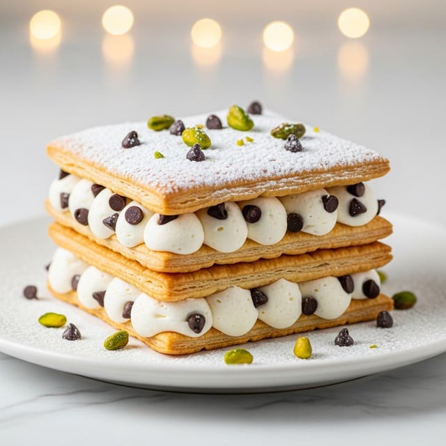 Two square layers of golden brown, slightly crispy pastry sandwich a thick, creamy white layer filled with small dark chocolate chips. The top pastry layer is dusted with powdered sugar and decorated with scattered chocolate chips and green pistachio pieces. The dessert is served on a white plate with some powdered sugar and pistachio pieces around it, all set on a white marbled surface with warm, blurred lights in the background. photo taken with an iphone --ar 4:5 --v 7