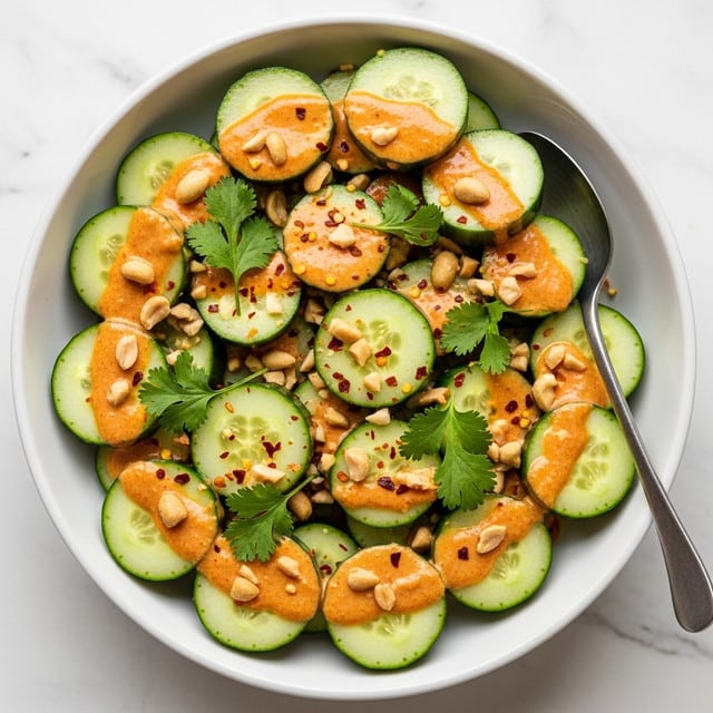 The image shows a close-up of a dish with multiple thin cucumber slices layered in a white bowl. The cucumbers are fresh green with darker green edges and are coated with a creamy orange sauce that has a smooth texture. There are small chunks of light brown peanuts scattered on top, along with green cilantro leaves and tiny red chili flakes spread evenly across the cucumber slices. A silver spoon rests in the bowl, partially buried under the cucumbers. The bowl is placed on a white marbled surface, adding a clean and bright background to the scene. photo taken with an iphone --ar 4:5 --v 7