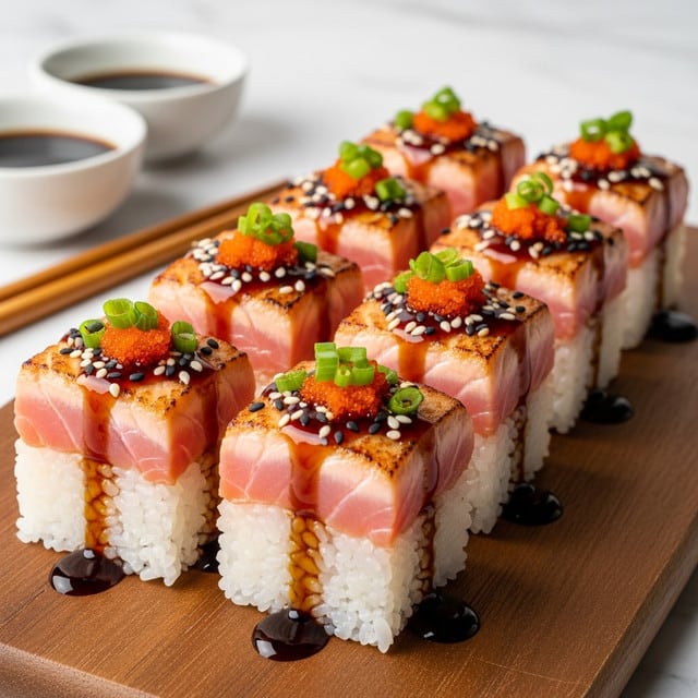 A row of sushi pieces on a wooden board, each piece with three layers: a bottom layer of white rice, a thick middle layer of pink salmon, and a top layer of dark brown sauce glazed over the salmon. The sushi is topped with bright orange fish roe, small green sliced scallions, and sprinkled with white and black sesame seeds. Drops of dark sauce are dripped on the board near the sushi. In the background, there are two small white bowls filled with dark soy sauce. The scene is set on a white marbled texture surface. photo taken with an iphone --ar 4:5 --v 7