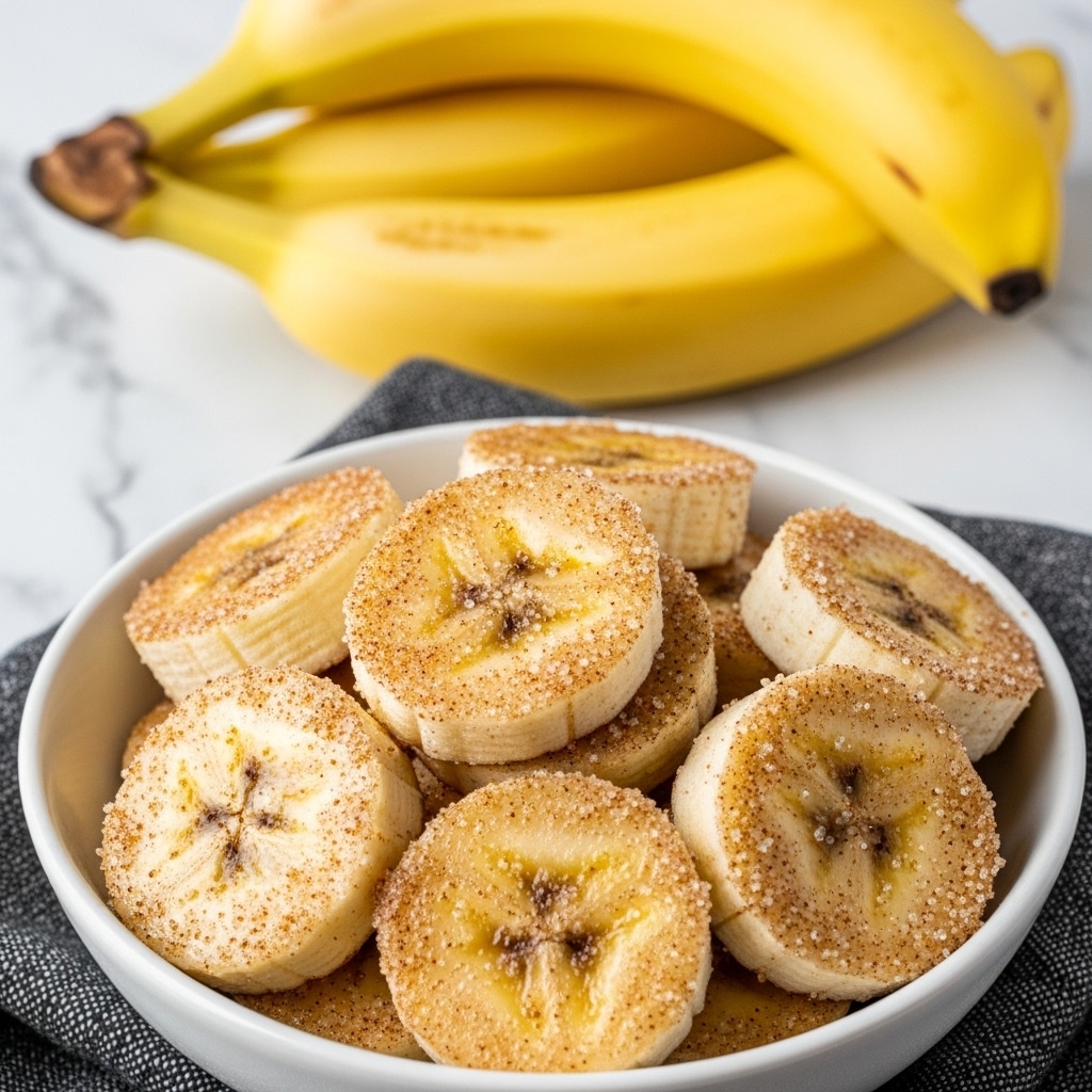 A white bowl filled with round banana chips stacked in a slightly uneven pile, each chip covered with a coating of fine sugar crystals and sprinkled with a light dusting of cinnamon, giving them a sparkling and textured surface. The chips are a golden-yellow color with some light brown edges, showing a crispy texture. In the background, two whole yellow bananas are partly visible, resting on a white marbled surface with a soft focus. photo taken with an iphone --ar 4:5 --v 7