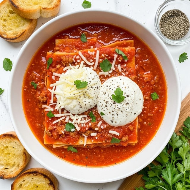 A white bowl is filled with a rich, red tomato sauce mixed with ground meat and flat, wide pasta pieces. On top, there is a generous heap of shredded white cheese on one side and a dollop of smooth white ricotta cheese in the center, all sprinkled lightly with chopped green herbs and cracked black pepper. The sauce looks thick with a chunky texture, and the pasta layers are partially visible under the sauce and cheese. The bowl sits on a white marbled surface beside a white plate with toasted garlic bread slices and some fresh green parsley on a wooden board nearby. photo taken with an iphone --ar 4:5 --v 7