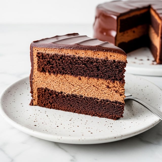 The image shows a slice of cake on a white plate with small brown specks. The cake has three visible layers: the bottom layer is dark brown and crumbly, the middle layer is a thick light brown mousse-like texture, and the top layer is a smooth, glossy dark chocolate coating that wraps around the sides smoothly. A silver fork rests on the plate in front of the cake slice. The background is a white marbled surface. Photo taken with an iphone --ar 4:5 --v 7