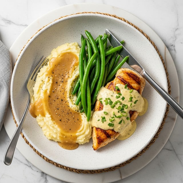 A white bowl holds a dish with three main layers arranged side by side: on the left is a smooth, creamy pale yellow mashed potato mound with a small pool of light brown gravy topped with a sprinkle of black pepper; in the middle lies a golden brown, crispy grilled chicken breast sprinkled with finely chopped green herbs and partly covered with a creamy light brown sauce that stretches to the bottom of the bowl; on the right, a bunch of shiny, bright green steamed green beans are neatly piled. The bowl sits on a white marbled surface next to a silver fork and knife placed on a woven mat, with a beige and white striped cloth in the background. Photo taken with an iphone --ar 4:5 --v 7