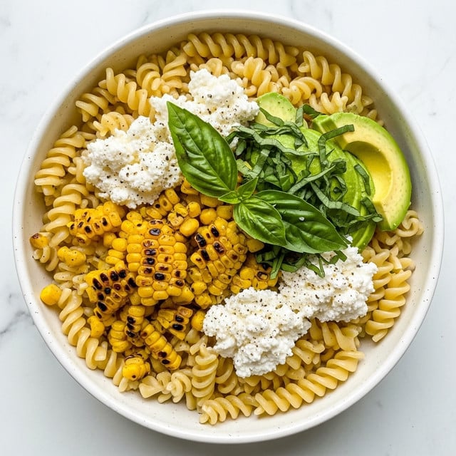 A white bowl filled with a layered pasta salad featuring creamy off-white ridged pasta at the base, topped with golden roasted corn kernels, some with charred black spots, scattered throughout. Bright green fresh basil leaves and dollops of white cottage cheese are spread on top, with a few avocado slices showing a soft light green color. A light dusting of reddish paprika is sprinkled over the dish. The bowl sits on a white marbled surface with a lime wedge and basil leaves nearby. Photo taken with an iphone --ar 4:5 --v 7