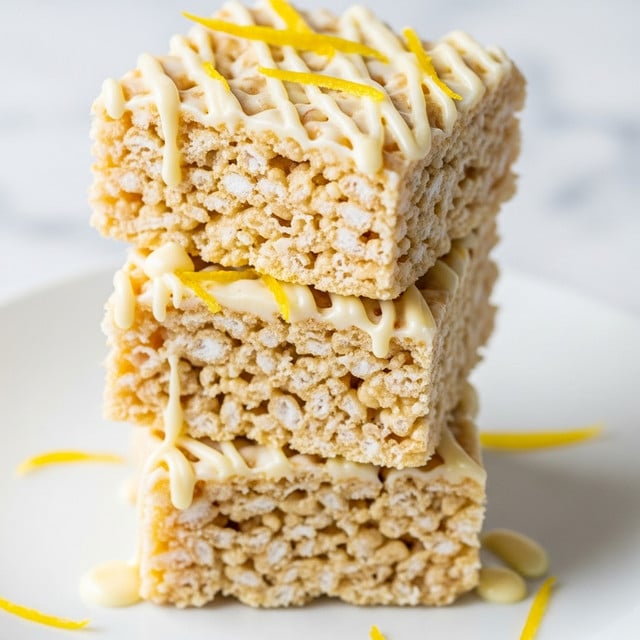 The image shows a close-up of a stack of three square treats, each made with a light, crispy rice cereal base. Each layer is pale yellow with a crunchy texture, and white creamy frosting is drizzled generously on top, dripping down the sides. Bright yellow lemon zest pieces are scattered over the frosting, adding a fresh and colorful touch. The stack is set on a white plate, placed on a white marbled surface. The photo taken with an iphone --ar 4:5 --v 7