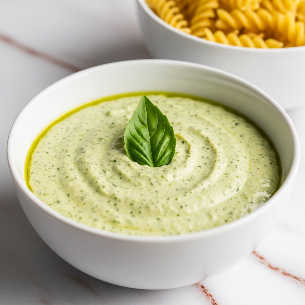 A close-up image showing two white bowls on a white marbled surface, with the front bowl filled with a creamy, light green sauce that has small green herb bits mixed throughout, topped with a single fresh dark green basil leaf in the center. The bowl behind it contains short, tight, spiral-shaped pasta in a pale yellow color. Part of an uncooked fusilli pasta is visible in the top left corner on the surface. The textures are smooth for the sauce and slightly rough for the pasta, creating a fresh and simple look. Photo taken with an iphone --ar 4:5 --v 7