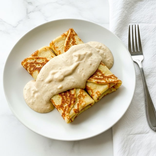 Two thick enchiladas covered in a creamy light brown sauce sit on a white plate. The enchiladas have a slightly golden and soft texture beneath the sauce. The plate rests on a white marbled surface with a fork placed to the right side, partially on a white cloth. The sauce looks smooth with a few small chunks inside. photo taken with an iphone --ar 4:5 --v 7