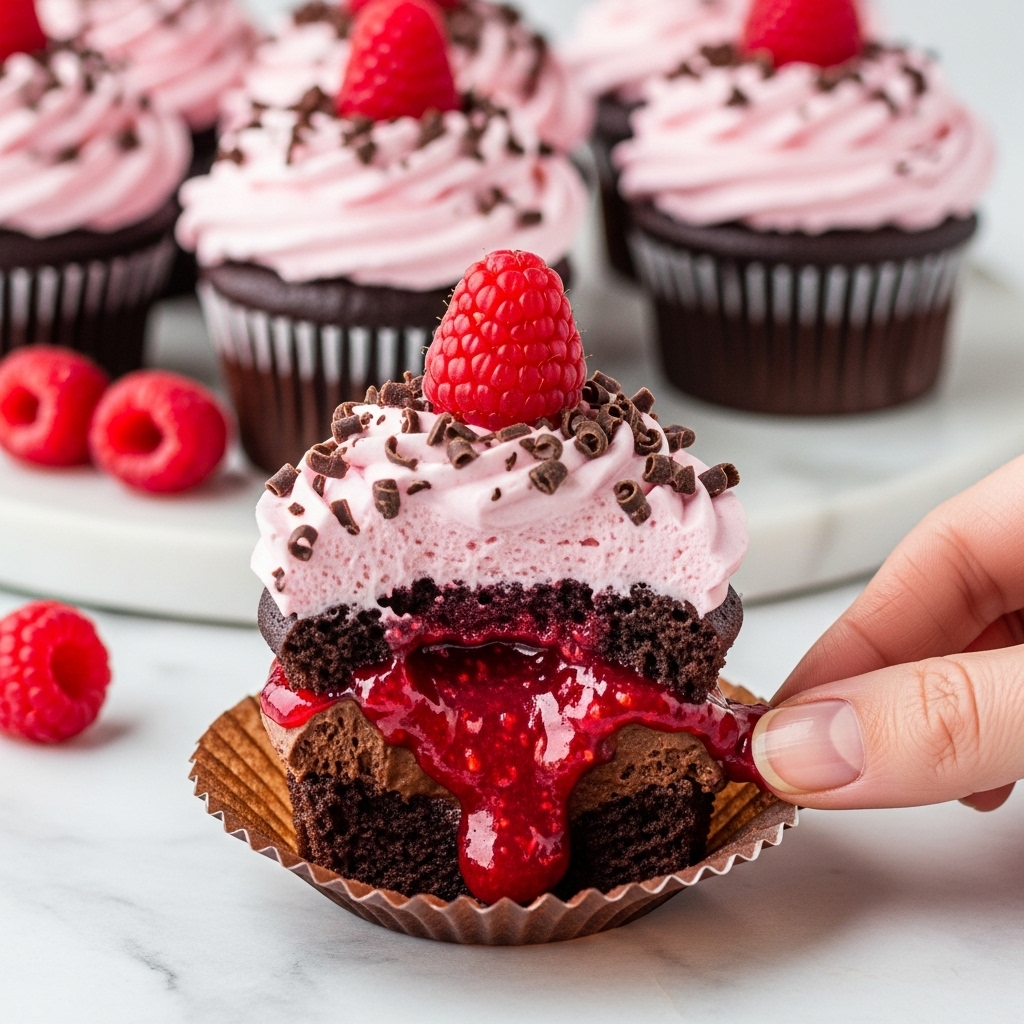 A close-up of a chocolate cupcake with three visible layers: a dark brown chocolate base at the bottom, a thick layer of bright red raspberry filling in the middle, and a fluffy light pink frosting on top. The frosting is decorated with small dark chocolate shavings spread over it and a fresh raspberry sits on top. Behind it, more cupcakes with the same pink frosting and raspberries are blurred out on a white marbled surface. A woman's hand is gently pulling the cupcake wrapper to show the gooey filling inside. The overall look is rich and colorful with a mix of dark, red, and soft pink shades. photo taken with an iphone --ar 4:5 --v 7
