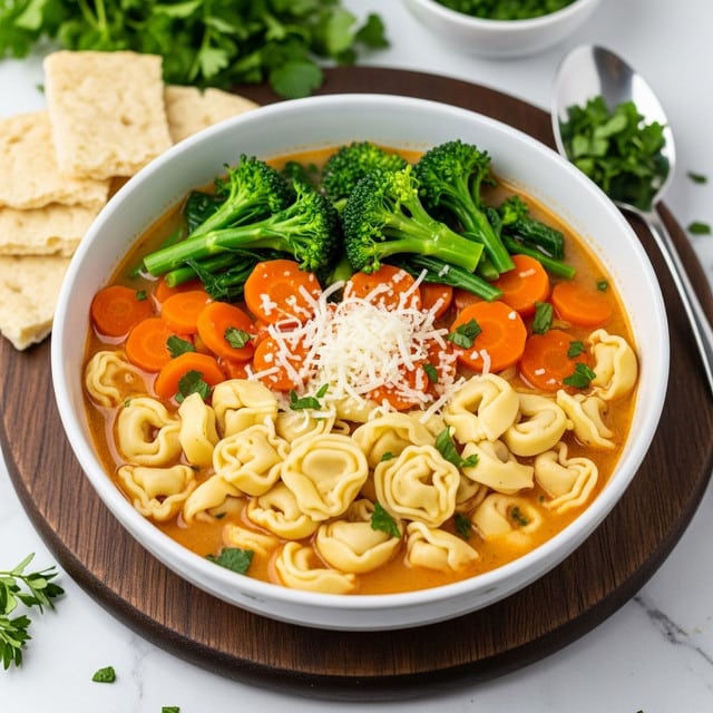 A white bowl filled with a creamy orange broth containing tortellini pasta, bright orange carrot chunks, and small green broccoli florets, all mixed with some fresh green spinach leaves. The soup is topped with a light sprinkle of white shredded cheese and fresh parsley leaves. Around the bowl on a white marbled surface, there are rolled thin white crepes and scattered bright green parsley leaves, with a silver spoon placed nearby. Photo taken with an iphone --ar 4:5 --v 7