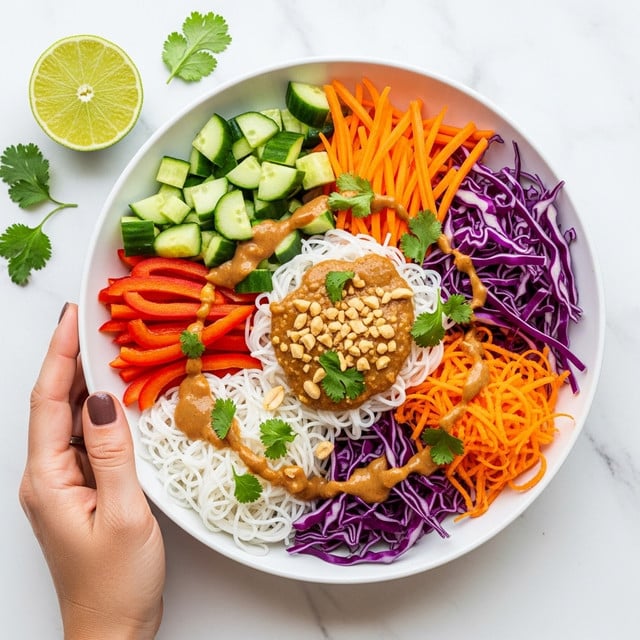 A white bowl filled with a colorful salad arranged in neat sections on a white marbled surface. Starting from the top left, there are small green cucumber cubes, bright red thinly sliced bell pepper strips, and bright orange shredded carrots. Below the carrots, thin white rice noodles create a soft texture, topped with a smooth brown peanut sauce drizzled across the center. On the bottom left, finely shredded purple cabbage is visible, and everything is garnished with chopped green herbs and a few crushed peanuts scattered on top. The vibrant colors contrast nicely, making the dish look fresh and inviting. Photo taken with an iphone --ar 4:5 --v 7