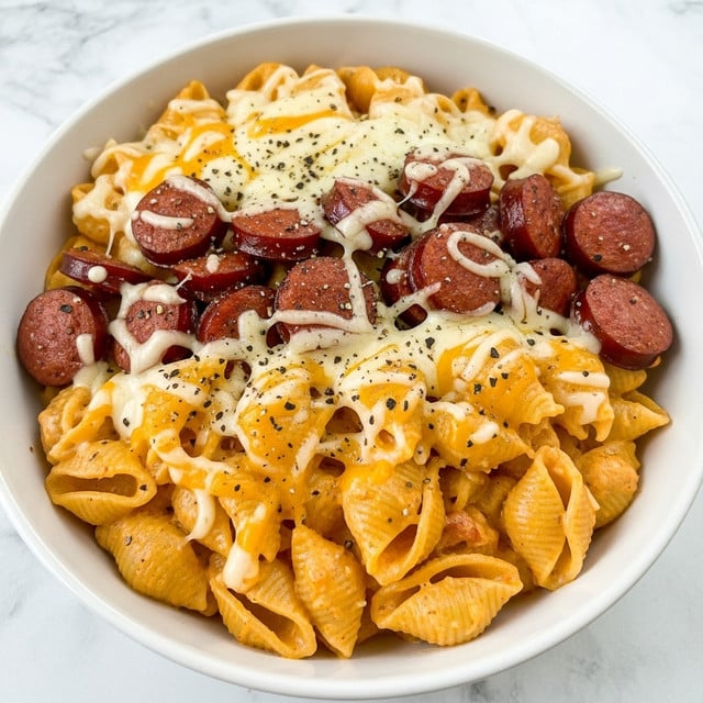 The image shows a close-up of a white bowl filled with creamy pasta. The dish has three main layers: the bottom layer is short pasta shells in a light orange sauce, the middle layer consists of sliced sausage pieces with a reddish-brown color, and the top layer is melted cheese that is golden with small browned spots and sprinkled with black pepper. The textures range from smooth sauce to firm sausage slices and gooey, stretchy cheese on top. The bowl is placed on a white marbled surface. Photo taken with an iphone --ar 4:5 --v 7