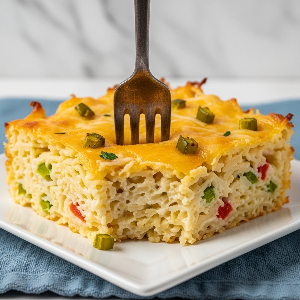 A close-up view of a cheesy baked pasta square served on a white square plate, showing layers of creamy light yellow melted cheese mixed with shredded white pasta strands, small diced green and red vegetables scattered throughout, and golden brown crispy edges on the top layer. A rustic metal fork is inserted into the square from the top, pressing down slightly on the soft cheesy pasta. The plate is on a textured blue cloth, with a white marbled texture background blurred behind it. photo taken with an iphone --ar 4:5 --v 7