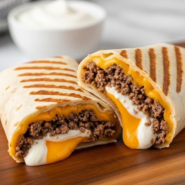 A grilled burrito cut in half showing its inside layers, sitting on a wooden surface. The burrito has a white grilled tortilla as the outer layer with brown grill marks. Inside, the top layer is browned cooked ground beef, beneath it is melted yellow and orange cheese that oozes slightly out of the burrito. The textures of the ground beef look crumbly and juicy, while the cheese appears gooey and stretchy. Photo taken with an iphone --ar 4:5 --v 7
