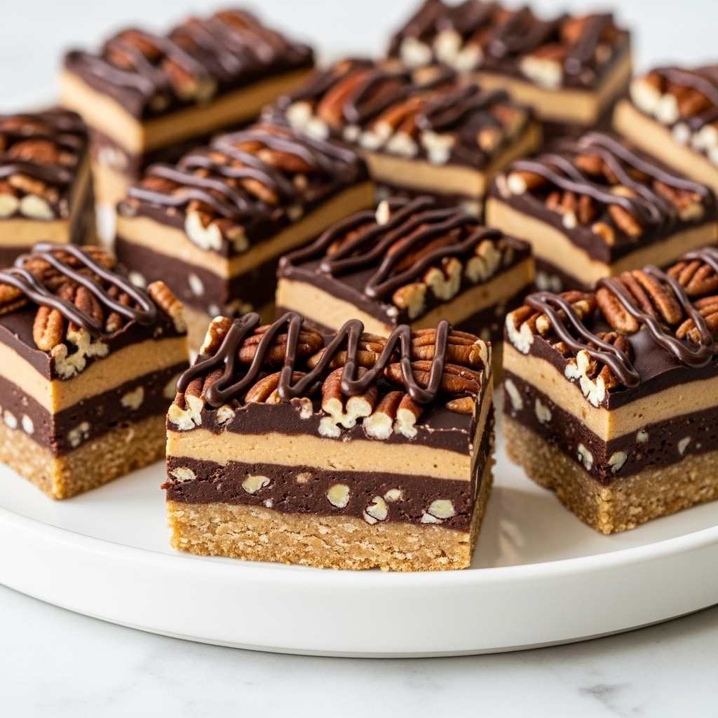 The image shows a white round plate filled with several rectangular nut bars. Each bar has three layers: a smooth, light brown base layer, a dense middle layer filled with dark chocolate and nuts, and a top layer covered with whole almonds and pecans. A dark chocolate drizzle is spread thinly across the top layer, adding a glossy texture. The plate is set on a white marbled surface. Photo taken with an iphone --ar 4:5 --v 7