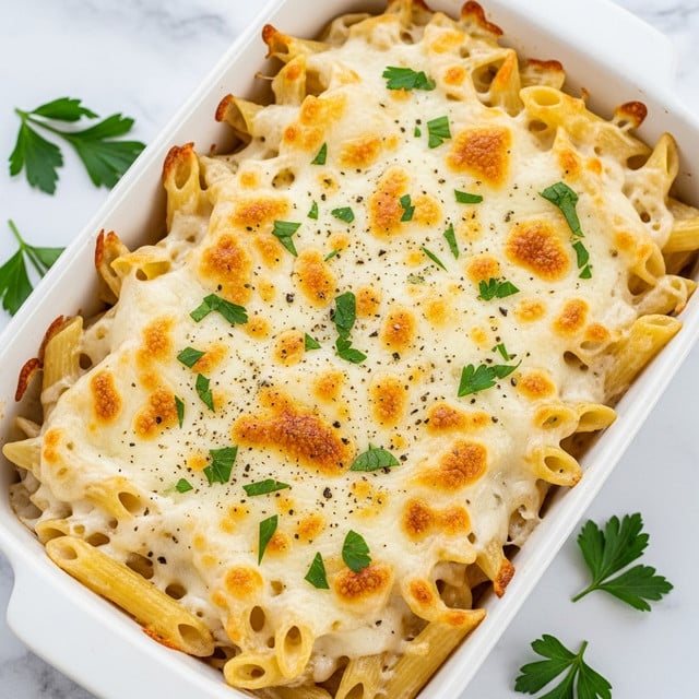 The image shows a white rectangular dish filled with baked penne pasta covered in a creamy white cheese sauce, slightly browned and bubbling at the edges. The top layer consists of penne pasta coated in melted, gooey cheese with golden spots where the cheese is lightly crisped. Small green parsley pieces are sprinkled evenly over the top, along with a few cracks of black pepper. The dish is placed on a surface with a white marbled texture, and some parsley leaves are scattered around it. photo taken with an iphone --ar 4:5 --v 7