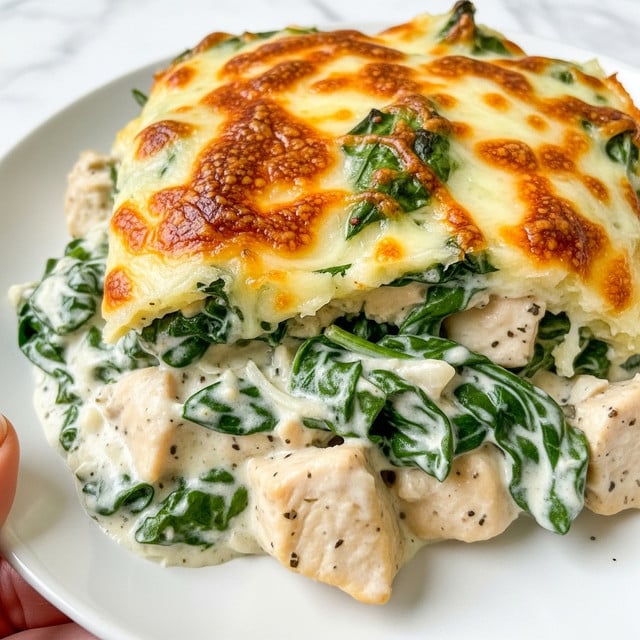 The image shows a close-up of a creamy baked spinach and cheese casserole on a white plate. The top layer is golden brown melted cheese with some crispy spots and small bits of cooked spinach peeking through. Underneath, the thick creamy white sauce mixed with chopped spinach leaves and chunks of chicken is visible. The spinach is dark green and the chicken pieces are light beige. The texture looks soft and smooth with bubbling cheese on top. A woman's hand is holding the edge of the plate, and the background is a white marbled surface. Photo taken with an iphone --ar 4:5 --v 7