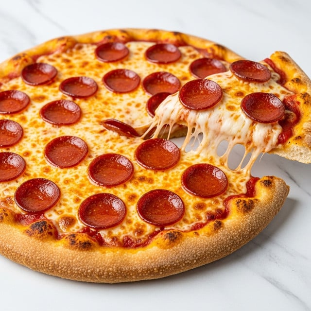 A close-up of a pepperoni pizza showing one slice being lifted by a woman's hand. The pizza has a golden-brown crust with a slightly crispy edge and melted cheese covering the surface. On top, there are thin, round pepperoni slices evenly spread. The cheese layer is creamy and stretchy, with some browning spots. The background is a white marbled texture. Photo taken with an iphone --ar 4:5 --v 7