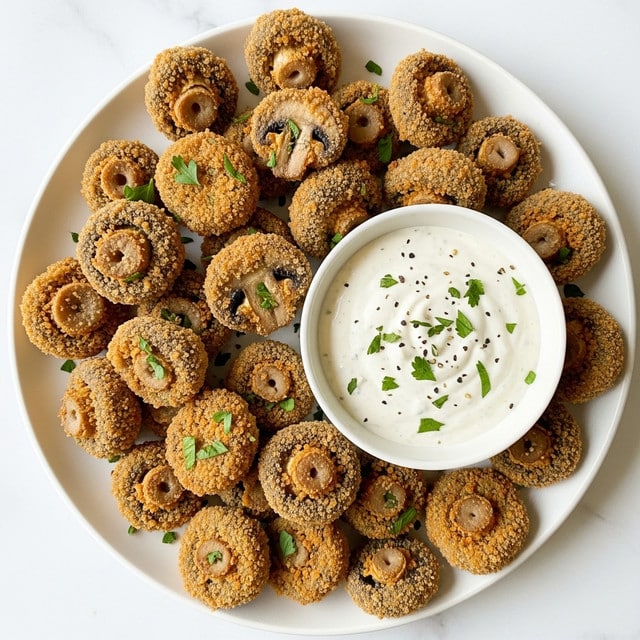 A white plate filled with two layers of golden brown, crispy fried mushroom slices, each piece showing a crunchy, textured coating and dark mushroom centers with a slight sheen; small green herb pieces are sprinkled over the mushrooms. On the top left part of the plate, there is a white ramekin filled with creamy white dipping sauce dotted with black pepper specks and green herb bits. The plate is set on a white marbled surface. photo taken with an iphone --ar 4:5 --v 7