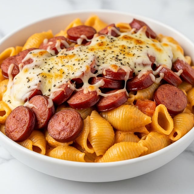 A white bowl filled with three layers of food: the bottom layer consists of small, soft potato pieces with a creamy orange sauce, the middle layer is sliced sausage with a browned, slightly crispy texture, and the top layer is melted cheese that is creamy yellow with some brown spots and sprinkled black pepper. The dish looks warm and cheesy. The background is a white marbled texture. Photo taken with an iphone --ar 4:5 --v 7