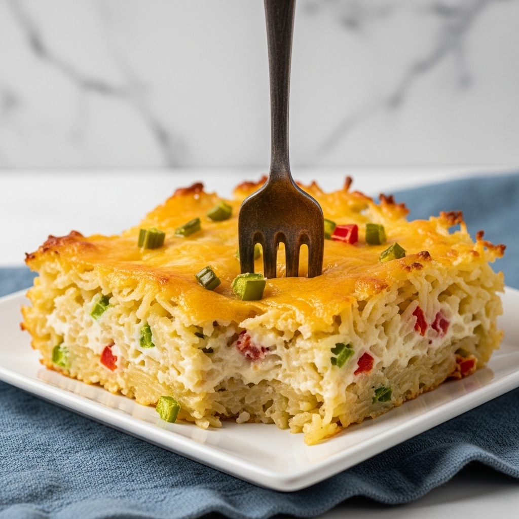 A close-up of a square white plate holding a serving of creamy baked pasta casserole. The dish has visible layers including a browned cheesy top with melted yellow and white cheese, mixed with small pieces of red and green bell peppers. Below the cheesy layer is a creamy sauce coated thick pasta with soft texture. A vintage fork is inserted into the casserole from the top right side. The plate sits on a white marbled texture with some fringed cloth partially visible underneath. photo taken with an iphone --ar 4:5 --v 7