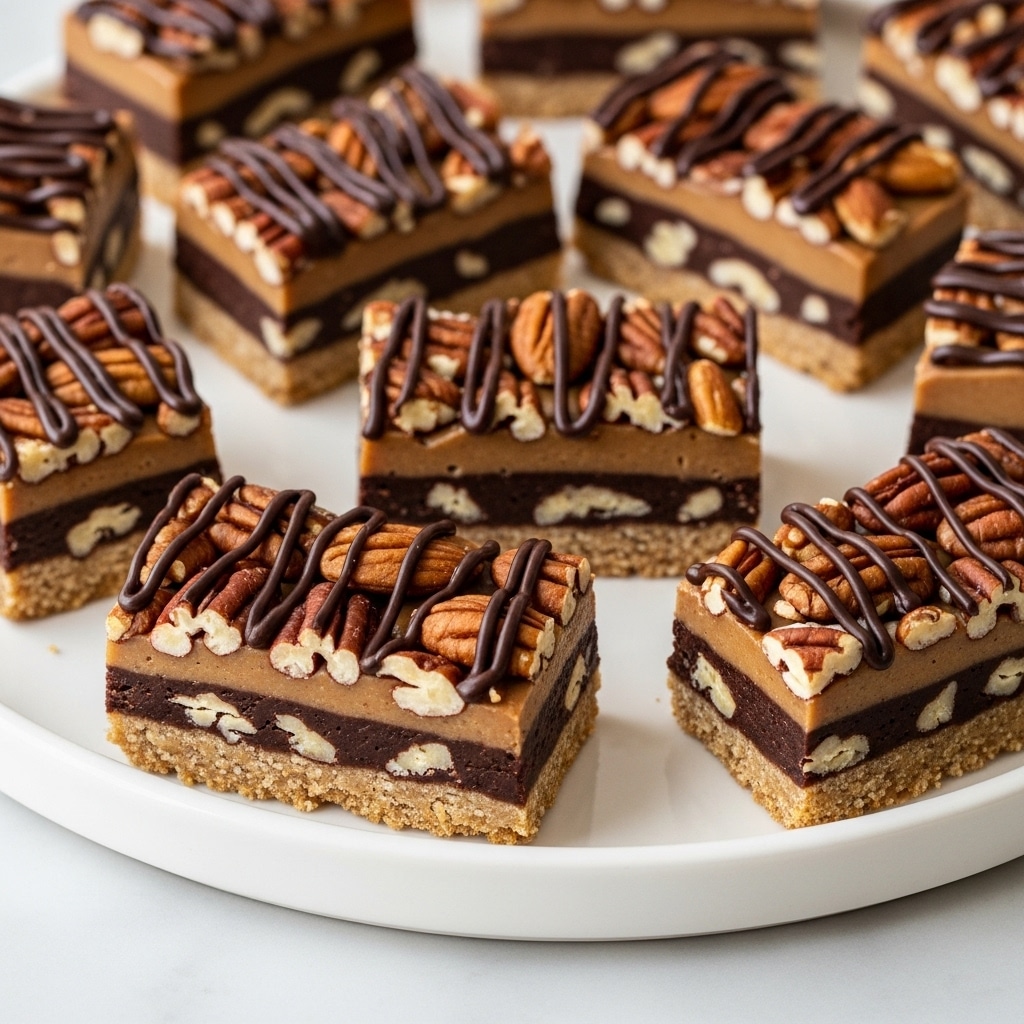 The image shows a white plate filled with rectangular nut and chocolate bars. Each bar has three visible layers: a light brown base that looks crunchy, a middle layer of caramel or nougat with a smooth texture, and a top layer covered with whole almonds and pecans, drizzled with dark chocolate in thin lines. The bars are stacked closely together, showing the rich mix of nuts and chocolate on the top. The plate is placed on a white marbled surface. Photo taken with an iphone --ar 4:5 --v 7