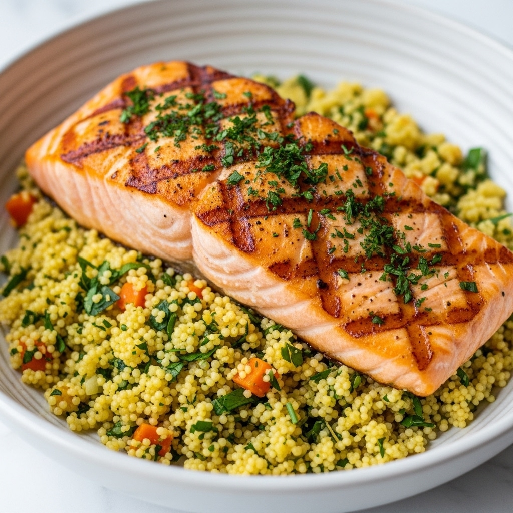 A grilled salmon fillet with a golden, slightly crispy skin sits on top of a bed of small, round, pearl-like couscous mixed with chopped herbs and pieces of orange vegetable, likely carrots. The salmon is garnished with more herbs and a small pile of couscous pearls on top, adding texture and color contrast. The dish is served in a round, white bowl with a subtle brown rim, placed on a white marbled surface. The warm lighting highlights the juicy and tender texture of the salmon and the glossy look of the couscous. Photo taken with an iphone --ar 4:5 --v 7