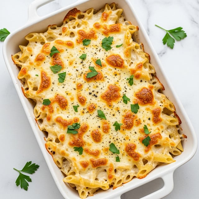 A white rectangular baking dish filled with baked penne pasta covered in a melted creamy white cheese sauce with a few browned spots on top. The pasta is well coated with the smooth cheese layer, and fresh chopped green herbs are sprinkled evenly over the dish along with specks of ground black pepper. The edges of the dish show a slight golden crust where the cheese has baked longer. The dish is placed on a white marbled surface with some scattered herbs around it. photo taken with an iphone --ar 4:5 --v 7