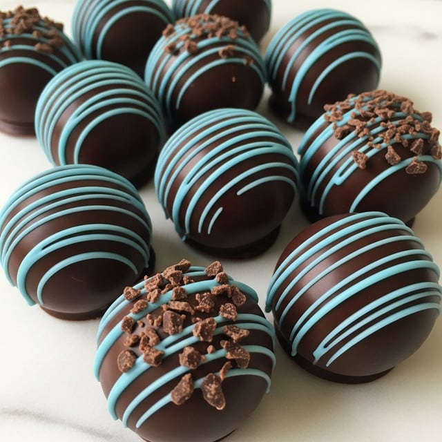 A close-up of round chocolate truffles piled together on a white marbled surface, each truffle having a smooth, dark brown outer chocolate layer. Some truffles have thin, light blue stripes drizzled over them in a random pattern while others are topped with small, rough pieces of chocolate candy. The truffles' textures show a glossy finish on the chocolate coating, and the pieces on top add a crumbly contrast. The arrangement is casual with the truffles touching each other closely. photo taken with an iphone --ar 4:5 --v 7