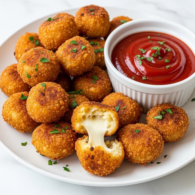 A white plate is filled with golden-brown cheese tater tots, each showing a crispy, textured outside with slight charring and small green parsley flakes on top, giving a fresh touch. One tot is broken open, revealing a soft, creamy white cheese inside. Next to the tots, there is a white ramekin filled with smooth, glossy red ketchup, garnished with green parsley bits. The plate sits on a white marbled surface. photo taken with an iphone --ar 4:5 --v 7
