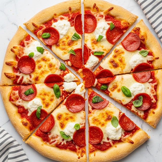 A pizza cut into eight triangular slices, each slice showing a thick, golden-baked crust with a light, slightly bubbly texture. The base layer is a bright red tomato sauce topped with melted mozzarella cheese that has golden brown spots from baking. Scattered on top are round, reddish pepperoni slices that have a shiny, slightly curled-up edge. White dollops of ricotta cheese sit between the pepperoni, creating a creamy texture contrast. Fresh green basil leaves are sprinkled across the pizza, adding a fresh touch. The pizza rests on a white marbled texture surface with a striped cloth partially visible in the corner. photo taken with an iphone --ar 4:5 --v 7